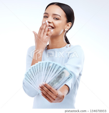 Studio money, portrait and laughing woman with lotto win, competition giveaway or cash dollar award. Finance trading, funny joke or prize winner of poker, bingo or casino gambling on white background Studio money, portrait and laughing woman with lotto win, competition giveaway or cash dollar award. Finance trading, funny joke or prize winner of poker, bingo or casino gambling on white background 134078933