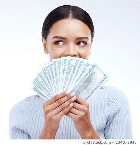 Dollars, face and studio woman with money award win, competition giveaway or bonus cash payment. Finance trading bills, financial freedom income or lotto prize winner with person on white background Dollars, face and studio woman with money award win, competition giveaway or bonus cash payment. Finance trading bills, financial freedom income or lotto prize winner with person on white background 134078935