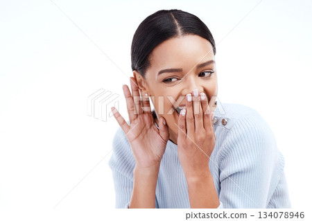 Laughing, woman and listening in studio for gossip, secret or mockup on isolated white background. Rumor, news and girl with hand emoji for privacy, whispering and silent, mystery and sharing story 134078946