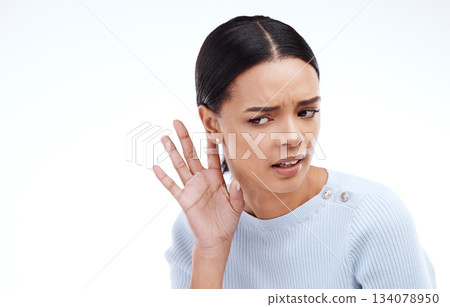 Listen, hear and woman with hand on ear on white background for news, information and gossip in studio. Listening mockup, sound and isolated girl with gesture for rumor, attention and communication Listen, hear and woman with hand on ear on white background for news, information and gossip in studio. Listening mockup, sound and isolated girl with gesture for rumor, attention and communication 134078950
