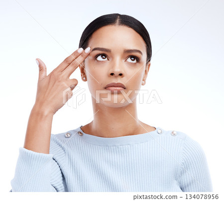 Woman, studio and finger gun to head or brain while frustrated, annoyed or depressed emoji. Face of a serious female model with hand gesture for suicide, shooting or killing on a white background Woman, studio and finger gun to head or brain while frustrated, annoyed or depressed emoji. Face of a serious female model with hand gesture for suicide, shooting or killing on a white background 134078956