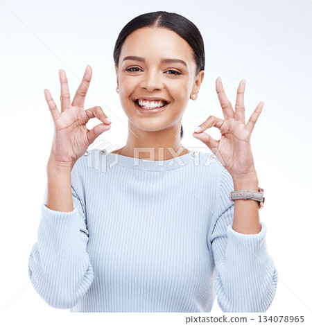 Portrait, hands and perfect sign by woman in studio for okay, agree and positive review on white background. Face, like and happy girl with emoji hand for success, vote and support or yes isolated Portrait, hands and perfect sign by woman in studio for okay, agree and positive review on white background. Face, like and happy girl with emoji hand for success, vote and support or yes isolated 134078965