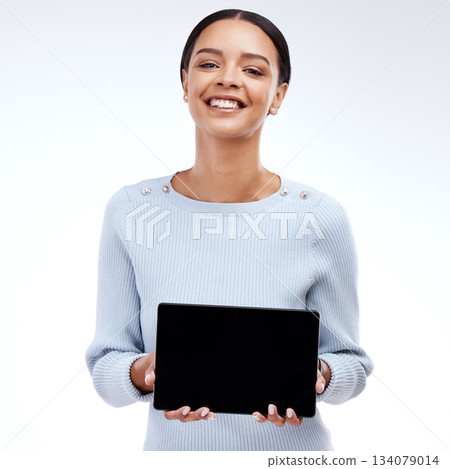 Happy mock up portrait, tablet and woman with sales promo, advertising tech space or discount deal mockup. Interactive touchscreen, digital presentation or studio female isolated on white background Happy mock up portrait, tablet and woman with sales promo, advertising tech space or discount deal mockup. Interactive touchscreen, digital presentation or studio female isolated on white background 134079014