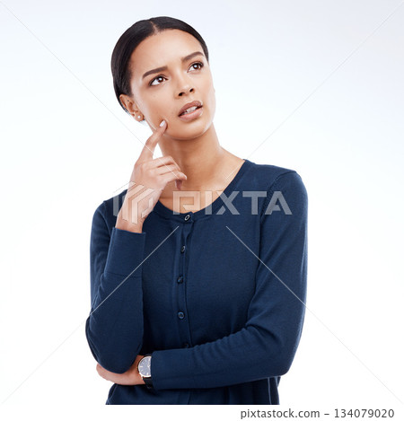 Thinking, studio idea and woman contemplating decision, problem solving solution or planning ideas. Pensive, thoughtful and person focus on plan, strategy or choice isolated on white background Thinking, studio idea and woman contemplating decision, problem solving solution or planning ideas. Pensive, thoughtful and person focus on plan, strategy or choice isolated on white background 134079020