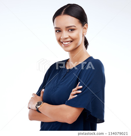 Portrait, employee and woman with smile, arms crossed and confident girl isolated on white studio background. Face, female entrepreneur and worker in happiness, success or professional mockup skills Portrait, employee and woman with smile, arms crossed and confident girl isolated on white studio background. Face, female entrepreneur and worker in happiness, success or professional mockup skills 134079021