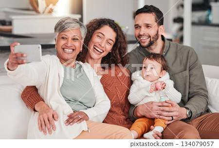 Family, baby and selfie on sofa with grandmother, happiness and bonding with love in living room together. Man, women and child for photography for social media app on lounge couch with care in house Family, baby and selfie on sofa with grandmother, happiness and bonding with love in living room together. Man, women and child for photography for social media app on lounge couch with care in house 134079057