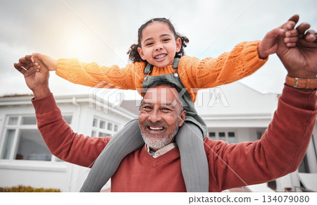 Shoulder hug and portrait of grandfather and girl for bonding, playful and affectionate. Weekend, free time and happiness with family on lawn at home for support, care and holiday together 134079080