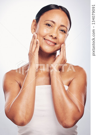 Beauty, happy and portrait of old woman in studio for skincare, facial and spa treatment. Smile, cosmetics and senior with female model on white background for anti aging, natural glow and self care 134079091