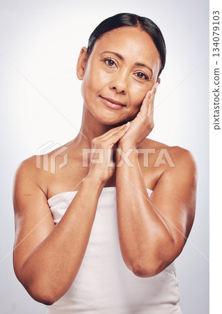Portrait, cosmetics and senior woman with skincare, beauty and grooming against a white studio background. Face, mature female and person with salon treatment, wellness and body care for confidence Portrait, cosmetics and senior woman with skincare, beauty and grooming against a white studio background. Face, mature female and person with salon treatment, wellness and body care for confidence 134079103