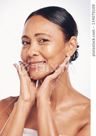 Senior woman in portrait, face with beauty and antiaging skincare, natural cosmetics isolated on studio background. Happy female, cosmetic care for aging skin and smile with dermatology and hygiene Senior woman in portrait, face with beauty and antiaging skincare, natural cosmetics isolated on studio background. Happy female, cosmetic care for aging skin and smile with dermatology and hygiene 134079109