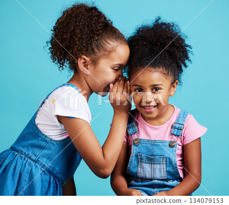 Whisper, secret and friends with children in studio for gossip, rumor and good news. Communication, mystery and innocence with young girls on blue background for conversation, secrecy or cute mockup Whisper, secret and friends with children in studio for gossip, rumor and good news. Communication, mystery and innocence with young girls on blue background for conversation, secrecy or cute mockup 134079153