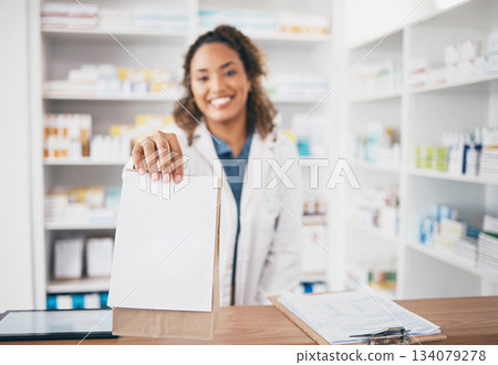 Pharmacy, medicine bag and woman giving package to pov patient in customer services, support or healthcare help desk. Pharmacist or doctor portrait with pharmaceutical note or medical product receipt 134079278