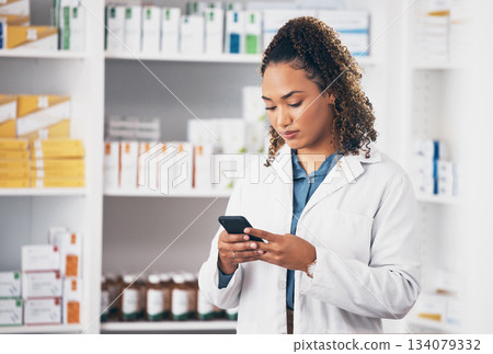 Pharmacist woman, smartphone and texting in store for contact, email communication or reading chat. Pharmacy, female and phone for social media app, typing and medical news on internet in workplace Pharmacist woman, smartphone and texting in store for contact, email communication or reading chat. Pharmacy, female and phone for social media app, typing and medical news on internet in workplace 134079332
