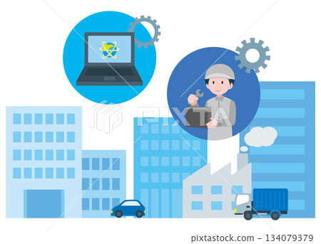 Supporting infrastructure: Illustration of a male engineer working on infrastructure development 134079379
