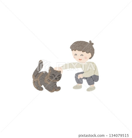 圖：一個孩子撫摸一隻銹色花紋的貓 134079515