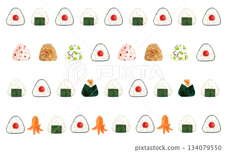 Hand-painted watercolor rice ball decorative line set | Plum, tempura musubi, red rice, edamame, grilled rice ball, and sausage Hand-painted watercolor rice ball decorative line set | Plum, tempura musubi, red rice, edamame, grilled rice ball, and sausage 134079550
