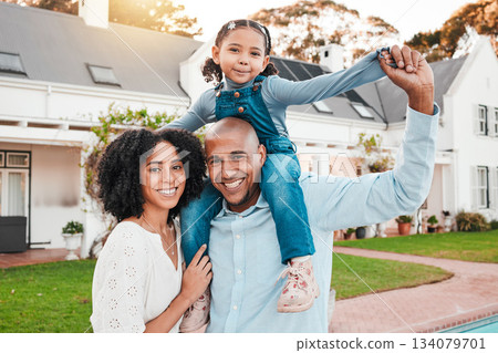 Portrait of mother, father and girl in garden for bonding, quality time and playing outdoors in new house. Family home, real estate and parents smile with child relax on weekend, vacation and holiday 134079701