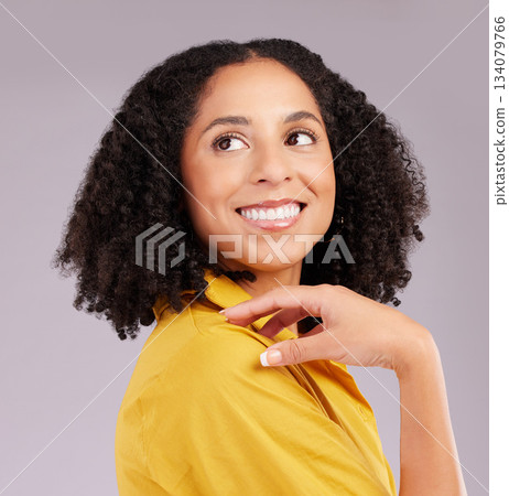 Woman, smile and thinking face in studio, background and backdrop for ideas, remember memory and mindset goals. Happy female model daydream of visionary thoughts, imagine plan and optimism of hope Woman, smile and thinking face in studio, background and backdrop for ideas, remember memory and mindset goals. Happy female model daydream of visionary thoughts, imagine plan and optimism of hope 134079766