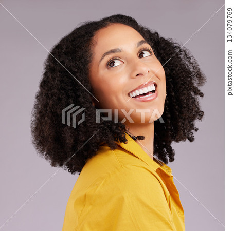 Woman, happy and thinking face in studio, background and backdrop for ideas, remember memory and mindset goals. Smile, female model and daydream of visionary thoughts, imagine and optimism of hope Woman, happy and thinking face in studio, background and backdrop for ideas, remember memory and mindset goals. Smile, female model and daydream of visionary thoughts, imagine and optimism of hope 134079769