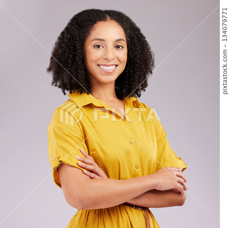 Business woman with smile in portrait, arms crossed and career success with positive mindset on studio background. Happy corporate female, professional and empowerment with pride and confidence Business woman with smile in portrait, arms crossed and career success with positive mindset on studio background. Happy corporate female, professional and empowerment with pride and confidence 134079771