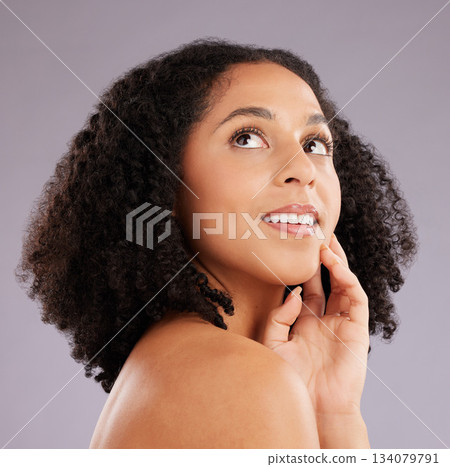 Skincare, makeup and woman with ideas, thinking and daydreaming with luxury salon treatment against a studio background. Female cosmetics and lady with smile, aesthetics and body care with confidence 134079791