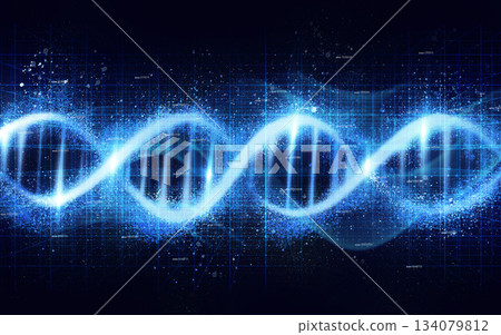 DNA, genetic code isolated on black background, science with neon blue light and ai generated. Evolution, helix and molecular structure, genome cell and RNA, gene with link and technology abstract 134079812
