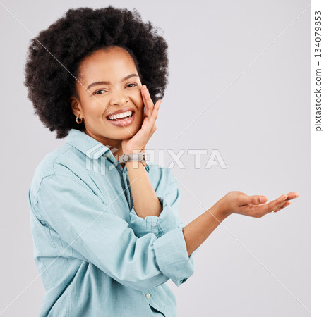 Product placement, hand and portrait of black woman in studio for branding, advertising and choice gesture. Promotion, mockup space and happy girl show hands for marketing, presentation and logo 134079853