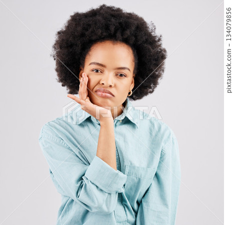 Confused, unhappy and portrait of black woman in studio with upset, bored and annoyed facial expression. Depression, mockup and girl on white background with boredom gesture, sadness and thinking 134079856