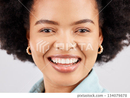 Face, happy and portrait of black woman in studio with smile, confidence and happiness on white background. Business, success mockup or closeup of girl with positive mindset, wellness and empowerment Face, happy and portrait of black woman in studio with smile, confidence and happiness on white background. Business, success mockup or closeup of girl with positive mindset, wellness and empowerment 134079878
