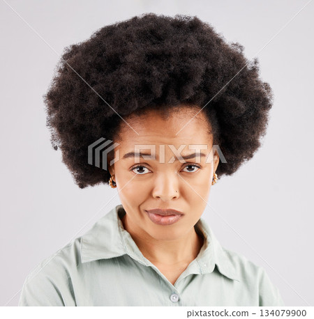 Confused, doubt and portrait of black woman in studio with puzzled, bored and annoyed facial expression. Emotions, mockup and girl on white background with bad attitude, unsure and disbelief face 134079900