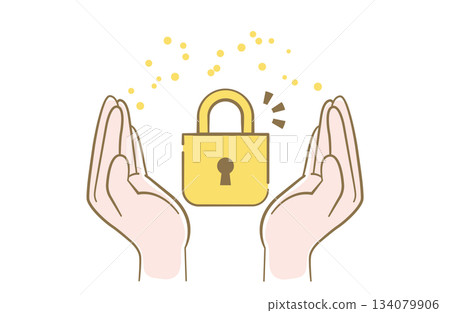 Line drawing illustration of a padlock and two hands for security purposes 134079906