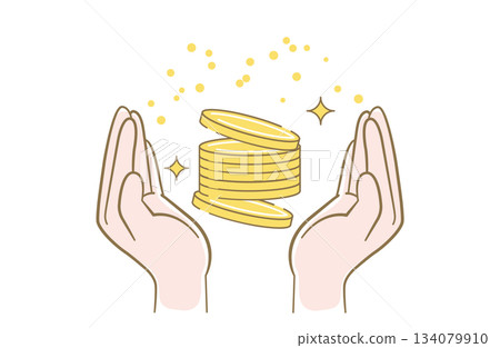 Line drawing illustration of a man holding a coin with both hands Line drawing illustration of a man holding a coin with both hands 134079910