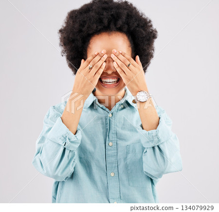 Eyes, cover and surprise with woman in studio for celebration, announcement and reaction. Happy, smile and funny with female hiding isolated on white background for expression, excited and wow Eyes, cover and surprise with woman in studio for celebration, announcement and reaction. Happy, smile and funny with female hiding isolated on white background for expression, excited and wow 134079929