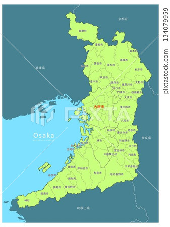 「大阪府」詳細地圖系列，包含海洋區域。 （包括鄰近的縣和市町村。） 134079959