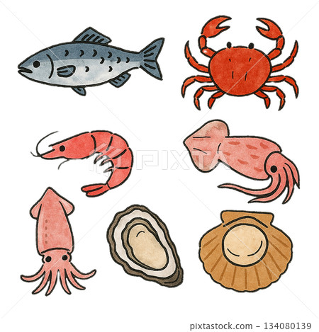 Seafood illustration set (watercolor fish, crab, shrimp, squid, shellfish) 134080139