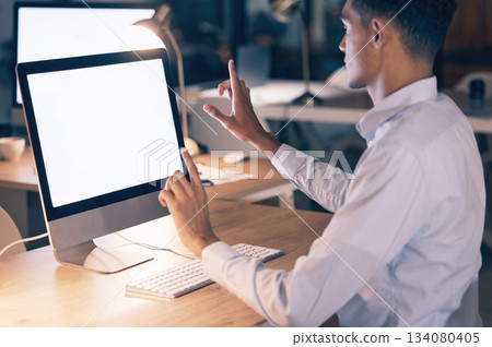 Night business, man and computer mockup for interactive user interface, web design and connection screen. Worker, desktop mock up and virtual technology for innovation, cyber dashboard and digital ui Night business, man and computer mockup for interactive user interface, web design and connection screen. Worker, desktop mock up and virtual technology for innovation, cyber dashboard and digital ui 134080405