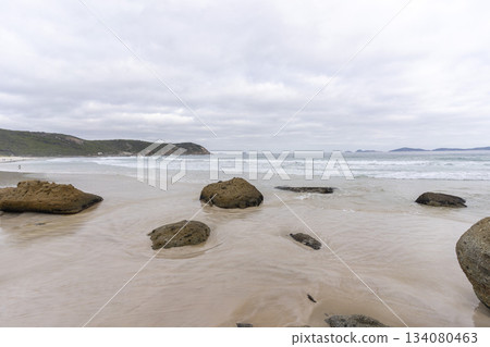 Landscape view of Squeaky Beach with the blue sky in Victoria, Australia 134080463