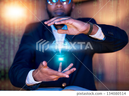 Global hologram, code network and black man hands with futuristic software in the dark. International database, virtual overlay and ux holographic analytics work at night with African user at office Global hologram, code network and black man hands with futuristic software in the dark. International database, virtual overlay and ux holographic analytics work at night with African user at office 134080514