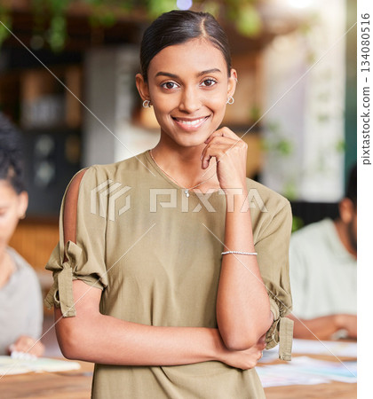 Portrait, mindset and designer with a business woman in the office, standing as a leader with her team in the boardroom. Face, vision and mission with a young female employee looking confident Portrait, mindset and designer with a business woman in the office, standing as a leader with her team in the boardroom. Face, vision and mission with a young female employee looking confident 134080516