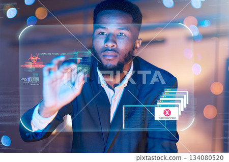 Hologram, hacker and cyber security with touchscreen and black man for 3d interface, virus and malware. Future, database and ui software with male and overlay for digital, phishing and graphic Hologram, hacker and cyber security with touchscreen and black man for 3d interface, virus and malware. Future, database and ui software with male and overlay for digital, phishing and graphic 134080520