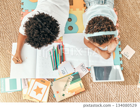 Kids, home education an online knowledge app with children doing elearning and writing activity. Kid video streaming, school student note book and above of a child and sibling together on the ground 134080529