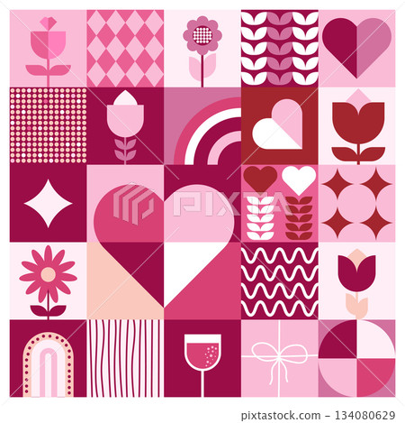 geometric Valentine's Day pattern flat design, featuring abstract simple modern designs with hearts and love use for banner, card, print, fabric, gift wrap, or cover. geometric Valentine's Day pattern flat design, featuring abstract simple modern designs with hearts and love use for banner, card, print, fabric, gift wrap, or cover. 134080629