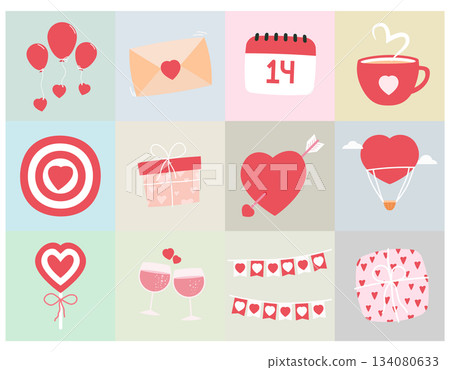 set of happy valentines day element decoration flat design vector illustration, for use in valentines day event, greeting card, invitation, print, sticker, etc. 134080633