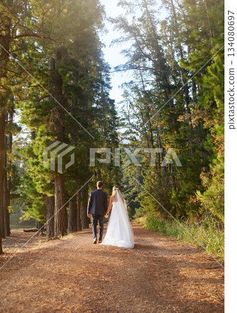 Wedding, back and couple walking in forest, nature and park for union celebration, care and marriage. Bride, groom and walk in woods, love and bridal event of commitment, support and trust of partner Wedding, back and couple walking in forest, nature and park for union celebration, care and marriage. Bride, groom and walk in woods, love and bridal event of commitment, support and trust of partner 134080697