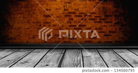 Gray wooden shelf on brown brick wall 134080795