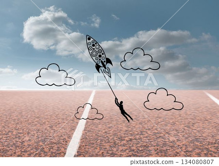 Business silhouette is rising over roadway in flat design holding rope with gear rocket and clouds 134080807