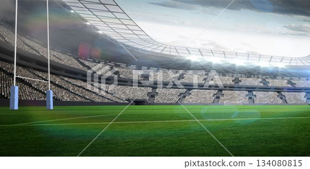 Rugby goalposts are standing in flat design stadium, featuring transparent roof and floodlights 134080815
