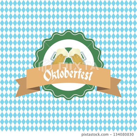 Flat design green badge is featuring clinking beer mugs and Oktoberfest ribbon on Bavarian pattern Flat design green badge is featuring clinking beer mugs and Oktoberfest ribbon on Bavarian pattern 134080830