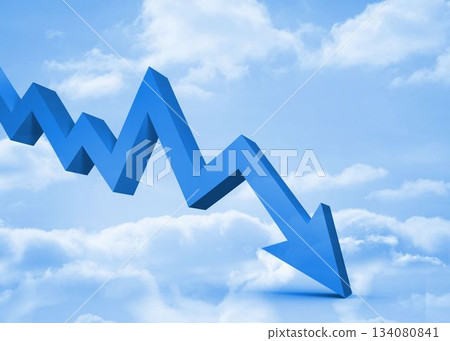 3D zigzag arrow is descending through light blue sky in digital illustration with fluffy clouds 134080841