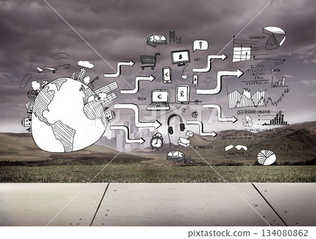 Black white graphic over cloudy landscape 134080862